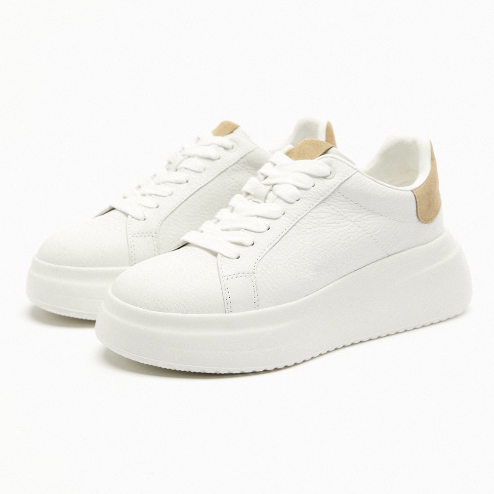 Zara White Platform Sneakers with Beige Heel Tab cow leather upper